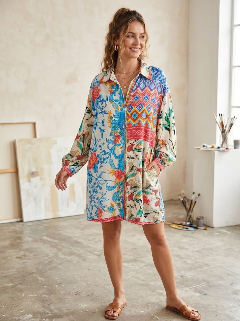 True Colours La Moda Silk Floral Geometric Button Down Resort Shirt Dress L/XL